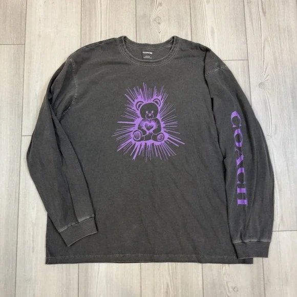Coach Men's XL Bear Graphic Relaxed Long Sleeve T-Shirt Gray & Purple Cotton - Picture 2 of 11